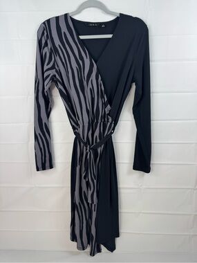 IMAN Black Gray Zebra Print Faux Wrap Midi Dress Small